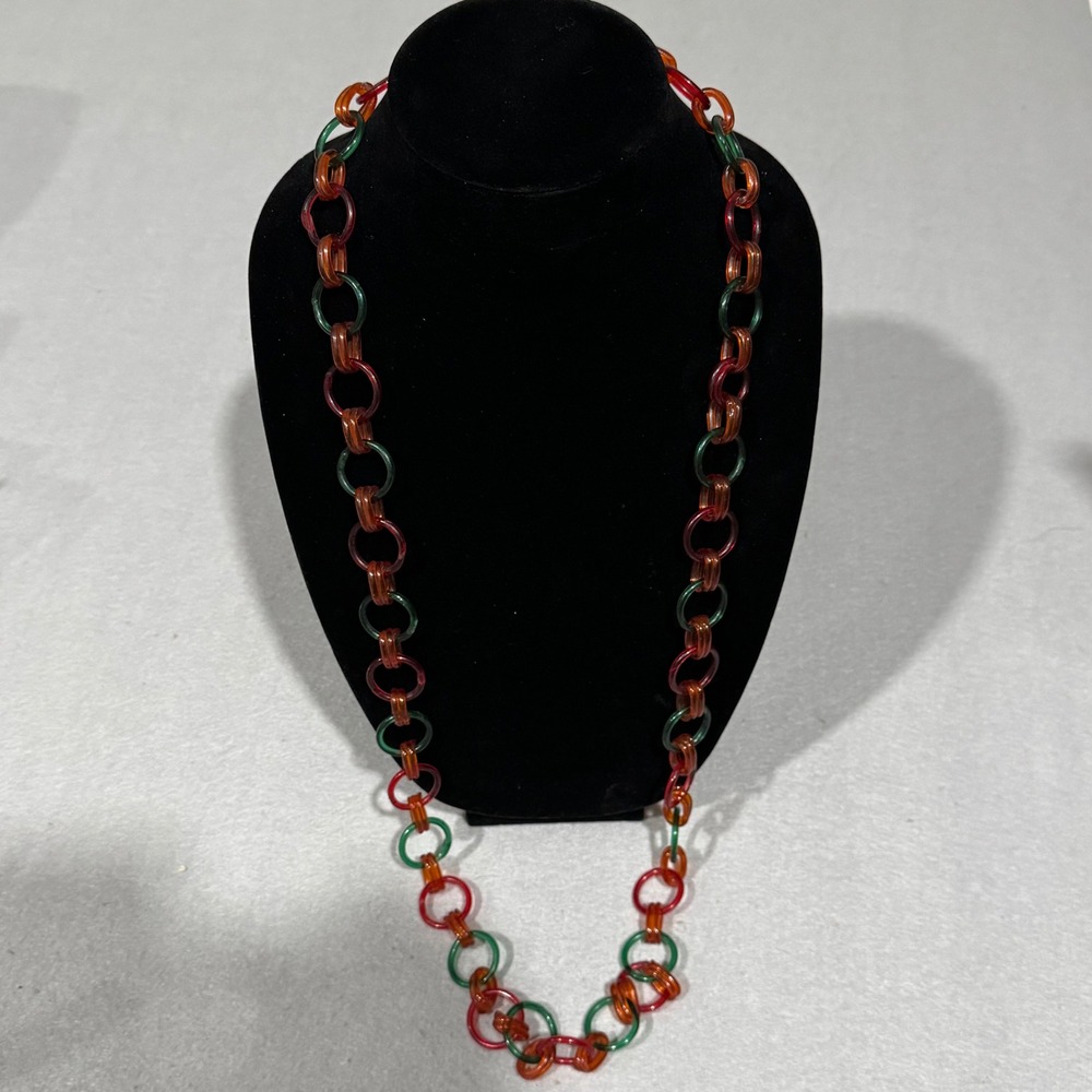 Vintage Lucite Link Chain Necklace Women Red Green Amber Chunky Retro Jewelry